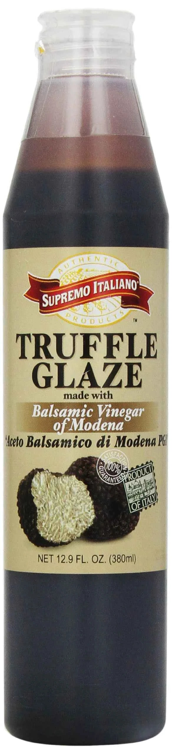 Balsamic truffle glaze bottle with bold TRUFFLE GLAZE label and gold seal