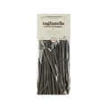 Packaged tagliatelle pasta with squid ink, dark strands in clear bag