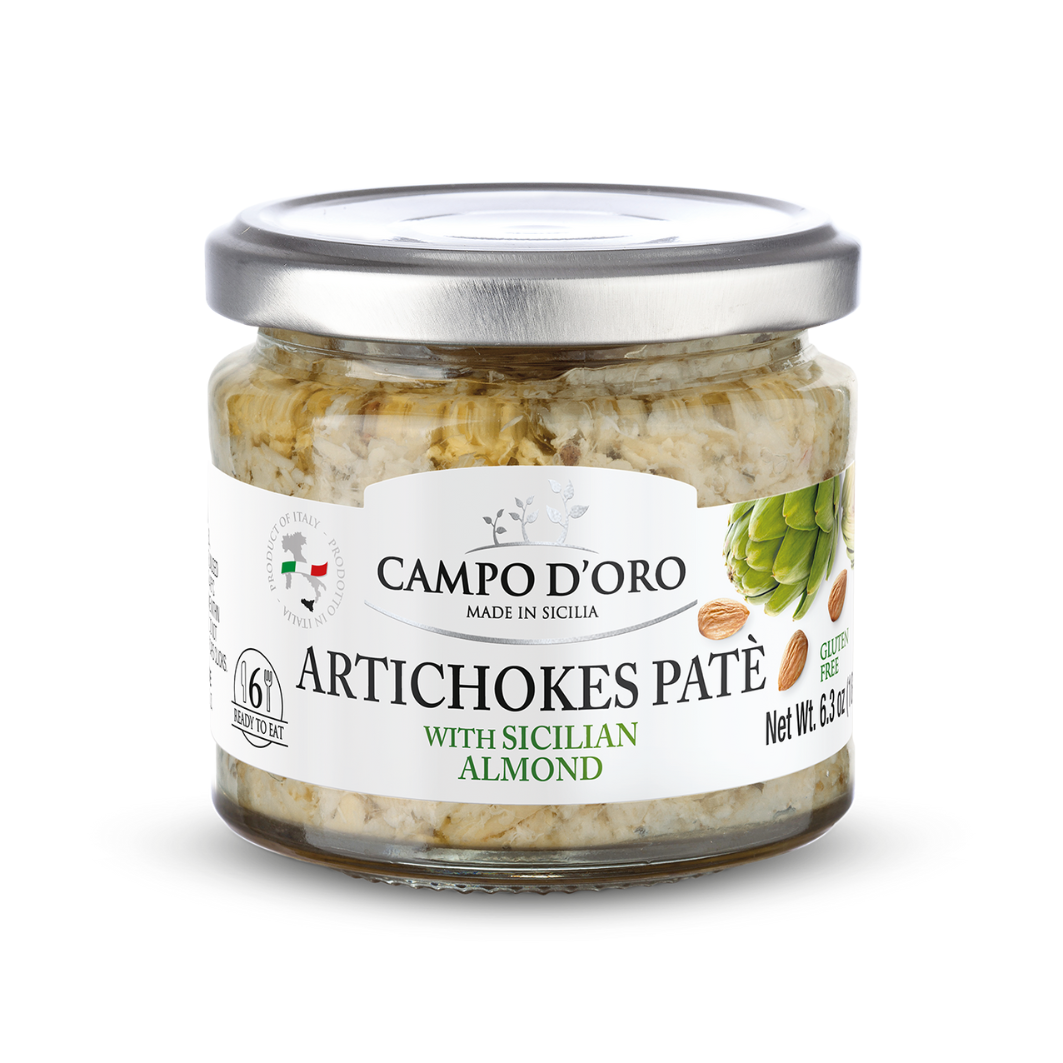 Artichoke spread jar with glass body and silver metal lid
