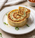 Wagon Wheel pasta roll with spiral filling, served on a white plate