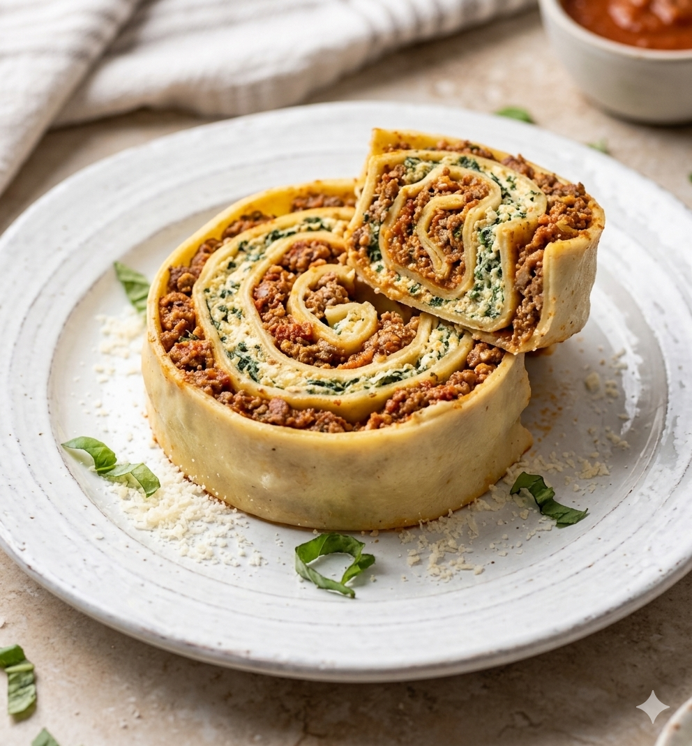 Wagon Wheel pasta roll with spiral filling, served on a white plate