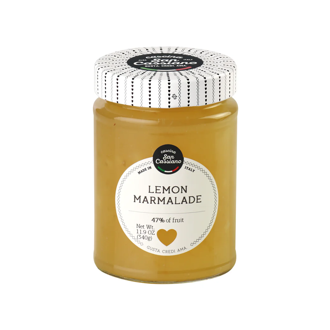 San Cassiano lemon marmalade jar with white label and yellow-gold contents