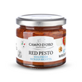 Red pesto with Sicilian ricotta jar, amber sauce in a glass jar with metal lid