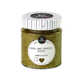 Glass jar of basil and black truffle pesto with label, 4.5 oz