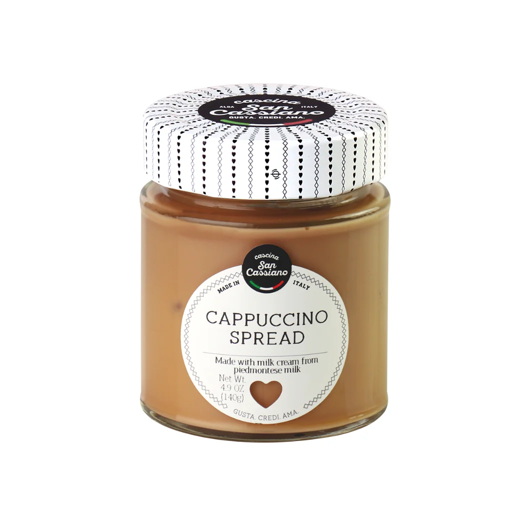 Cappuccino spread jar with cream-colored filling and round brand label, glass container