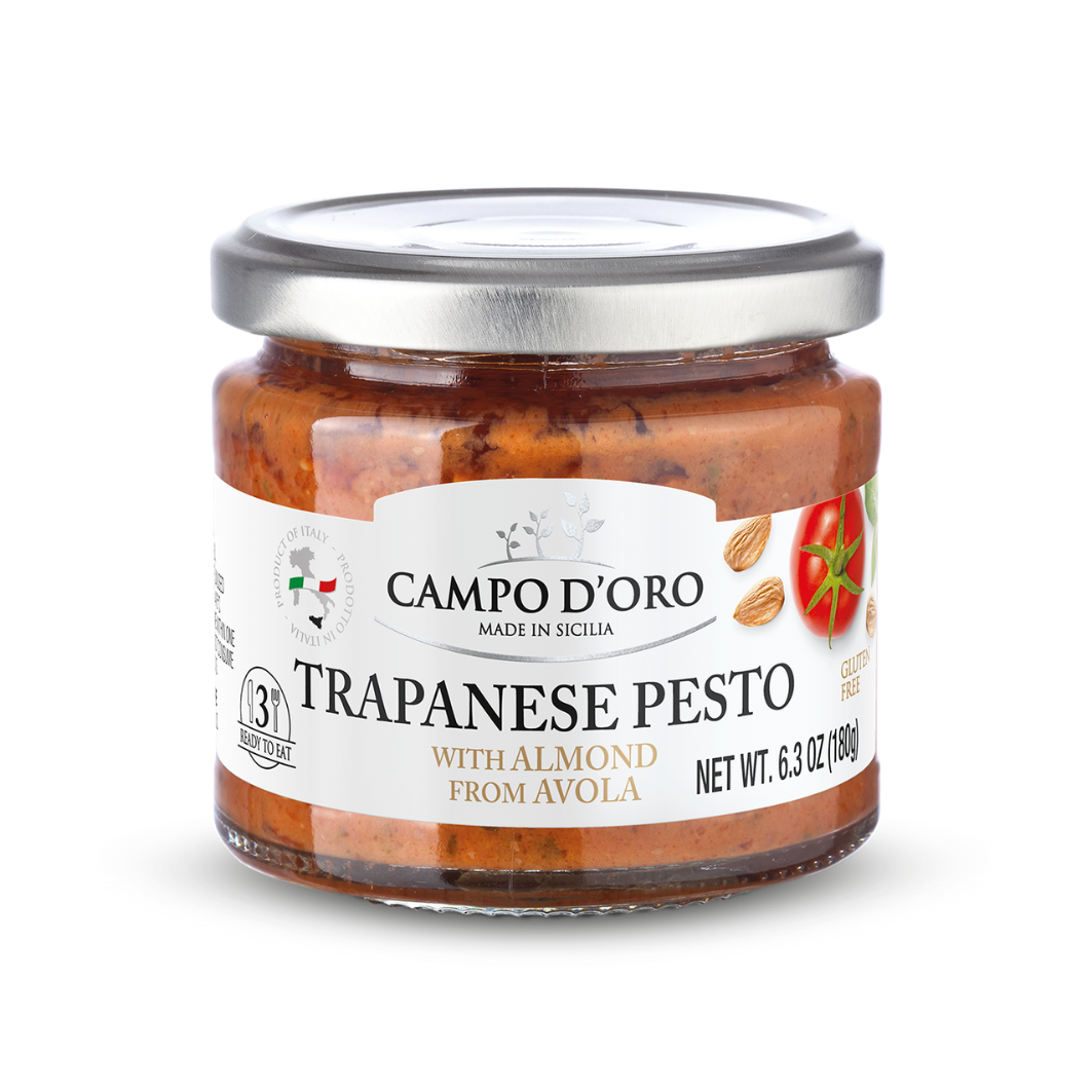 Trapanese pesto jar with metal lid and amber pesto, Campo d'Oro label