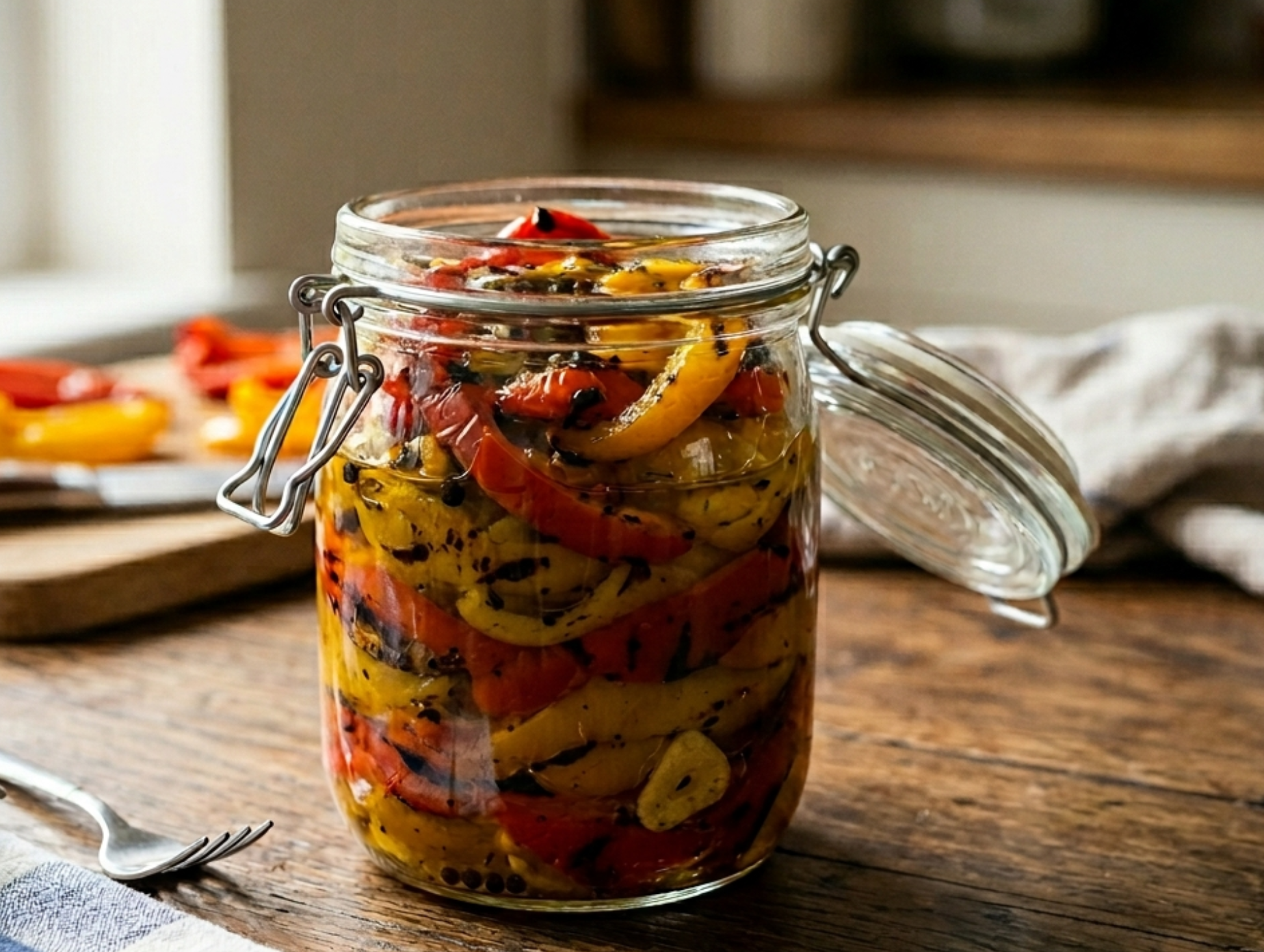 Jar of roasted red and yellow bell peppers in glass container with herbs and oil