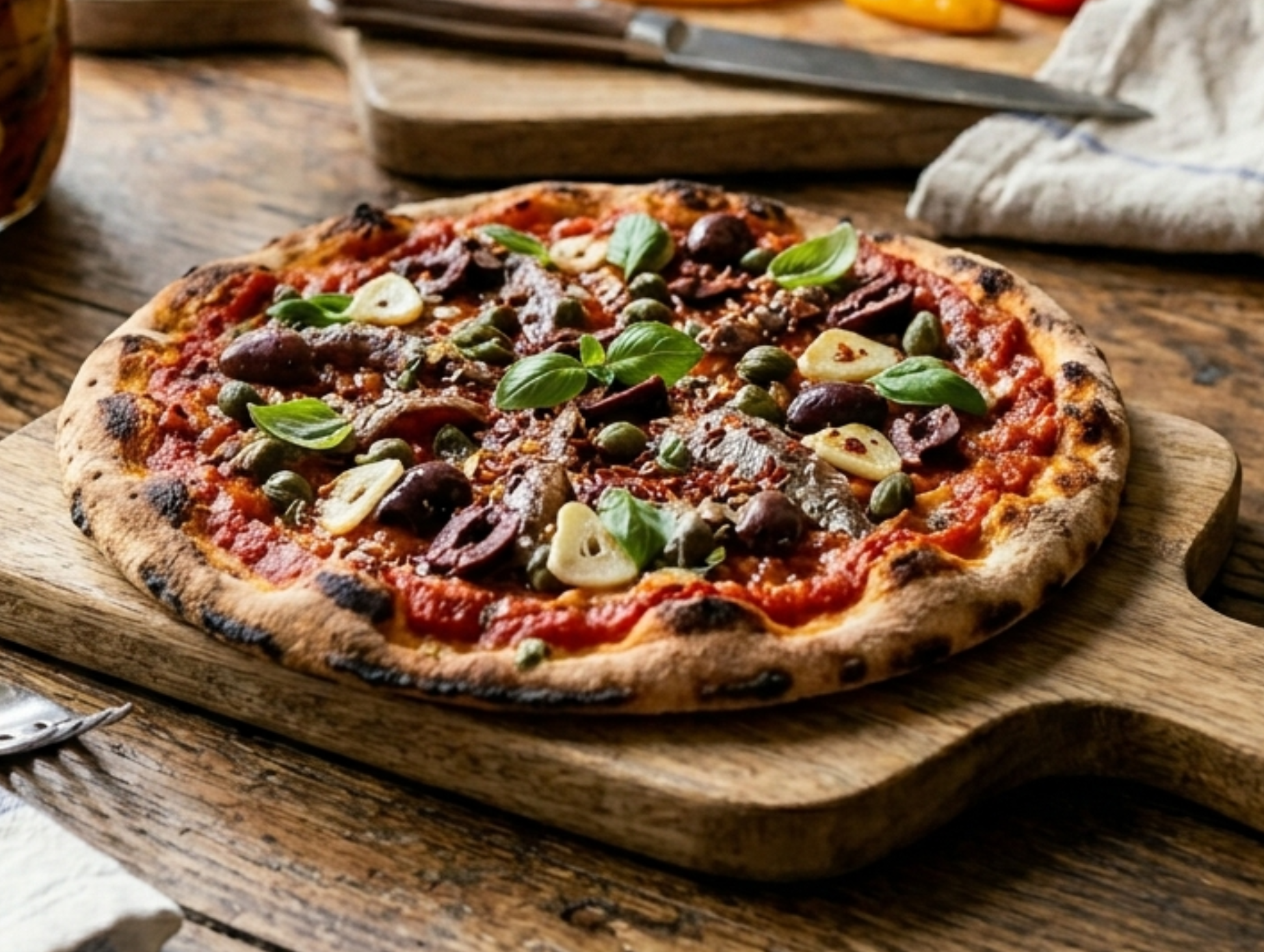 Pizza with tomato sauce, cheese, green olives, basil, and dark meat toppings