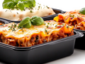 Rectangular tray of lasagna with melted cheese, meat sauce, and basil garnish