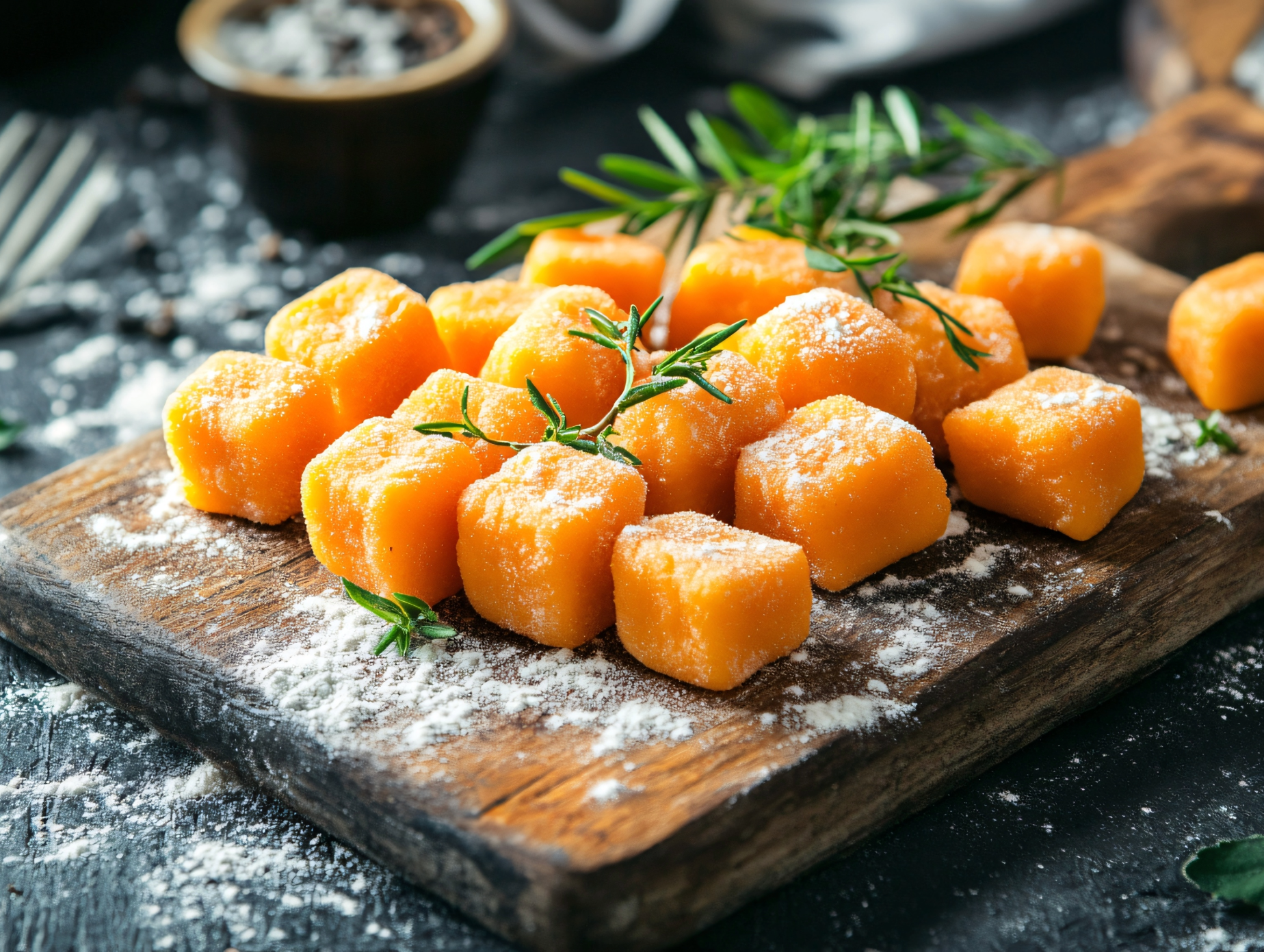 Butternut squash gnocchi on wooden board with fresh herbs, dusted with flour