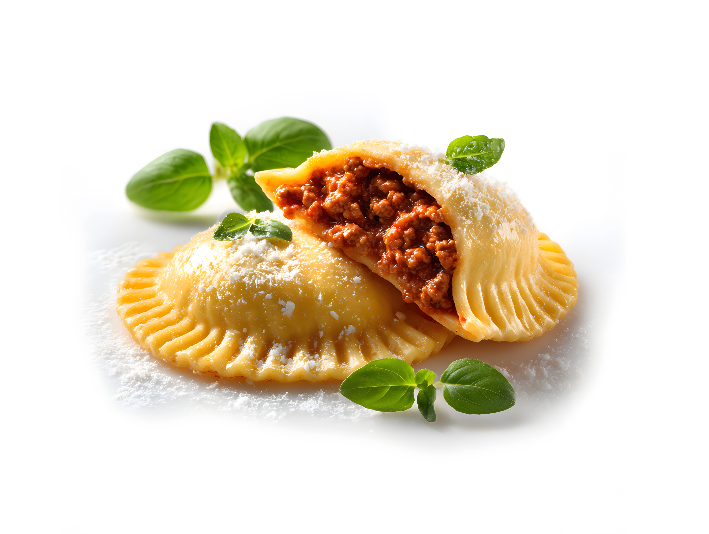 Beef ravioli with meat filling, sprinkled with flour and garnished with basil leaves.