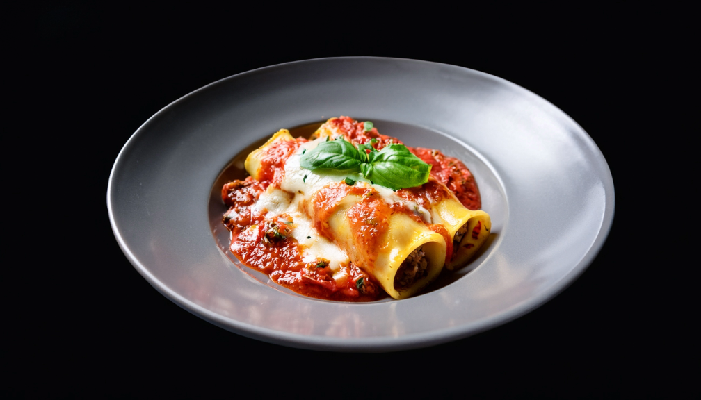 Chicken spinach cannelloni with red sauce, melted cheese, and basil garnish