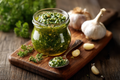 Pesto dressing in glass jar with green herb sauce and garlic on wooden board