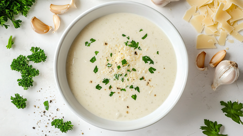 Creamy Alfredo sauce in a white bowl, topped with black pepper and chopped parsley.