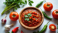 Arrabbiata sauce in wooden bowl: red tomato sauce with diced vegetables and cilantro