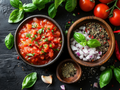 Bowl of raw red salsa with chopped herbs and vegetables