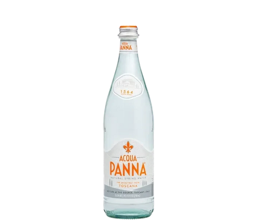 Acqua Panna 750ml water bottle, orange cap, pale blue glass.