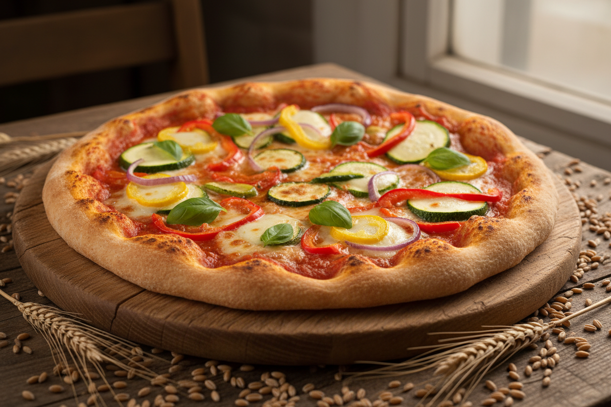 Thin-crust wheat pizza with melted cheese, sliced vegetables, herbs, and onions